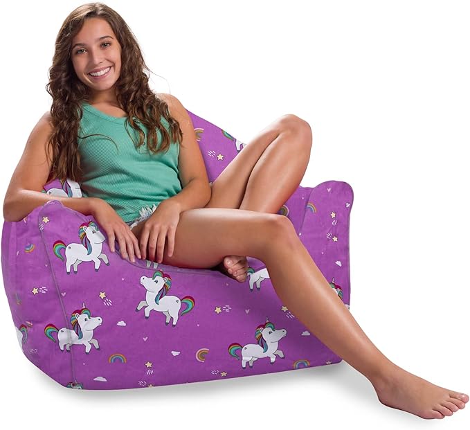 Posh Creations Structured Comfy Bean Bag Chair for Gaming, Reading, and Watching TV, Malibu Lounge, Canvas - Unicorn and Rainbows on Purple