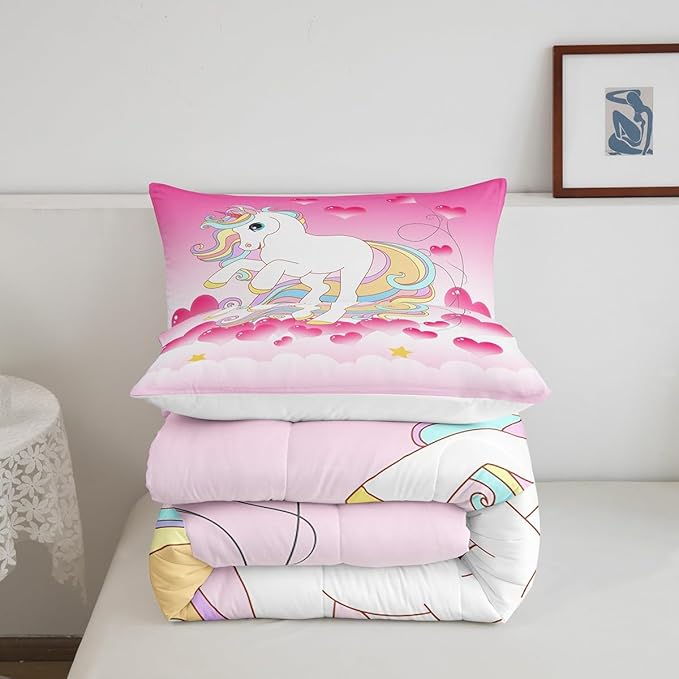 Girls Unicorn Comforter Set King Girly Fantasy Rainbow Unicorn Bedding Set for Kids Little Girls, Pink Love Heart Duvet Sets Dreamy Horse Cartoon Magical Animal Down Comforter with 2 Pillowcases