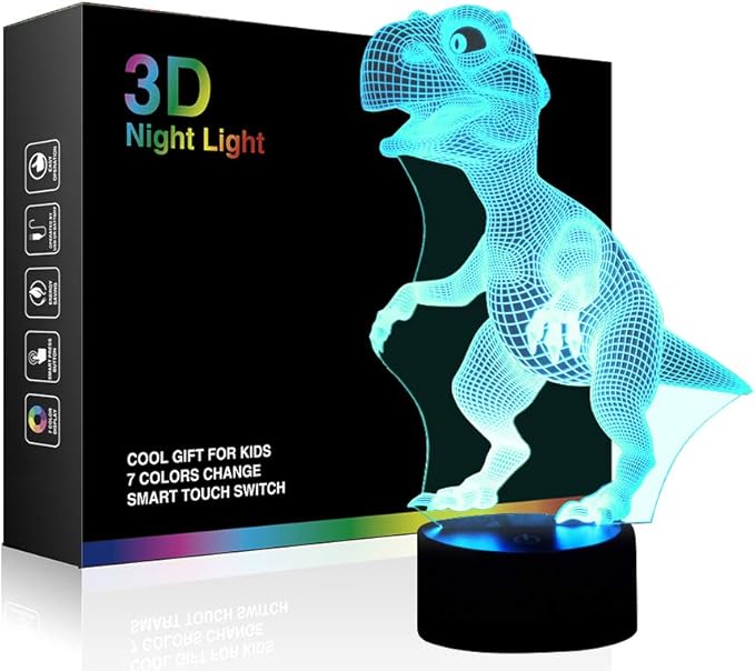 Night Lights for Kids Dinosaur 3D Night Light Lamp Wiscky 7 LED Colors Changing Touch Table Desk Lamps Decorative Lighting Pretty Cool Toys Gifts Birthday Holiday Xmas for Baby Nursery Toddler Friends