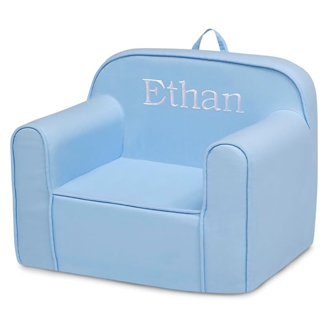 Delta Children Personalized Cozee Chair - Customize with Name – Foam Kids Chair for Ages 18 Months and Up, Powder Blue