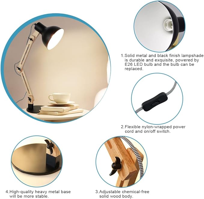 DLLT Swing Arm Desk Lamp, Wood Adjustable Gooseneck Table Lamp, Modern Architect Desk Light, Reading Light for Work, Study, Bedroom, Home Office, College Dorm, Black Metal Shade, E26 Bulb Included