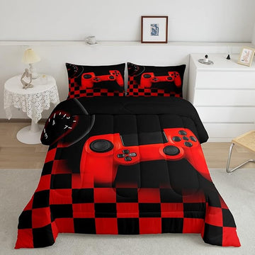 Gaming Comforter for Boys Teen,Game Controller Bedding Set for Kids,Down Alternative Comforter for All Season,Gamer Home Decor for Young Man Comforter Set with Buffalo Check Plaid Duvet Quilted,Queen