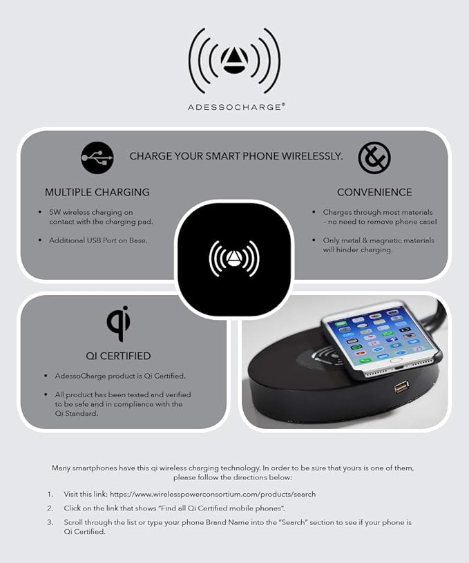 Adesso 5131-21 Emerson Desk Lamp Wireless Charging, 7W LED, 5W QI, USB Port, Indoor Lighting Lamps