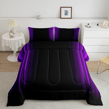 Geometric Abstract Ombre Comforter Set Kids Teens Purple and Black Striped Bedding Bed Set Decor Modern Fashion Comforter Inner Fill Bedroom Collection 3Pcs Queen Size