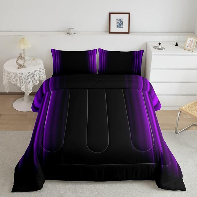 Geometric Abstract Ombre Comforter Set Kids Teens Purple and Black Striped Bedding Bed Set Decor Modern Fashion Comforter Inner Fill Bedroom Collection 3Pcs Queen Size