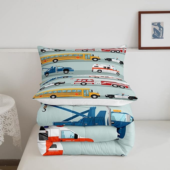Erosebridal Fire Truck Comforter Set,Police Car Down Comforter King Size,School Bus Bedding Set for Kids Boys Teens Youth,Equipped Truck Cartoon Vehicle Quilt Duvet Insert Bedroom Dorm Decor 3 Pcs
