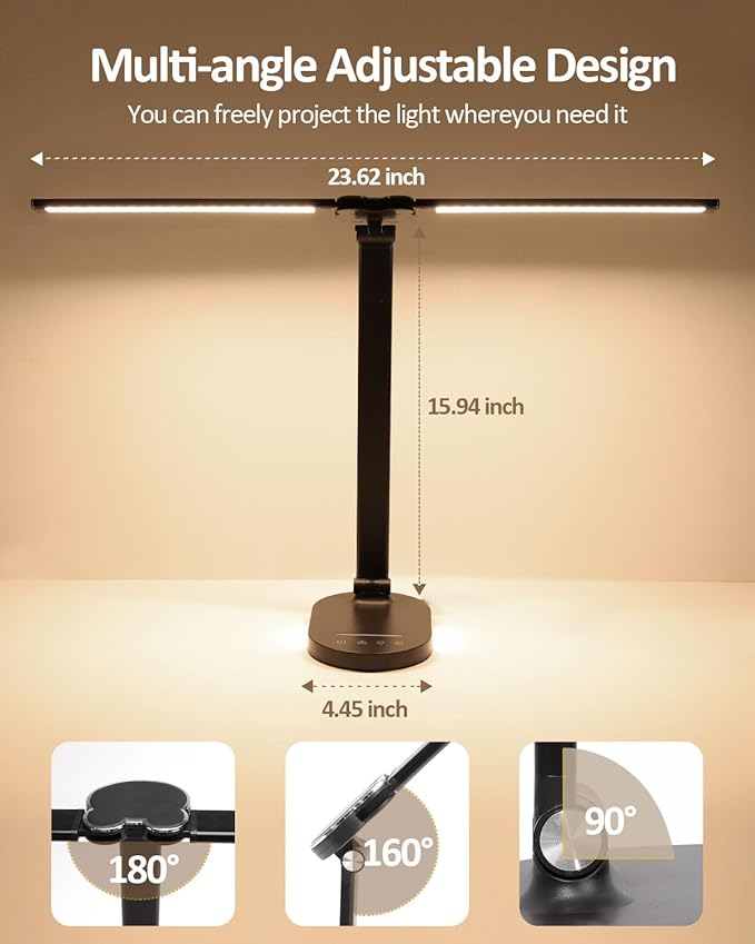 LED Desk Lamps for Home Office, 14W Double Swing Arm Desk Lamp with USB Charging Port, Eye-Caring Architect Task Lamp, Touch Control Desktop Lamp with Night Light Table Light for Work Study Craft