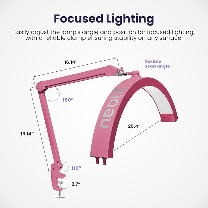 Neatfi Half Moon LED Table Lamp for Estheticians, Nail Tech, and Cosmetician for Nail Art, Facial, Waxing, Threading and Tattoo (with Clamp, Pink)