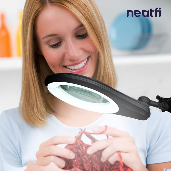 Neatfi (New Model) Bifocals 1,200 Lumens Super LED Magnifying Lamp with Clamp, 5D + 20D, Dimmable, 60 Pcs SMD LED, 5 Inches Diameter Lens, Adjustable Arm (5 Diopter + 20 Diopter, Black)