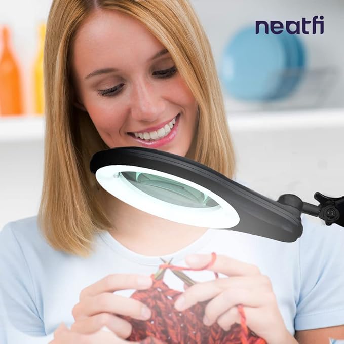 Neatfi (New Model) Bifocals 1,200 Lumens Super LED Magnifying Lamp with Clamp, 8D + 20D, Dimmable, 5 Inches Diameter Lens, Adjustable Arm Utility Clamp (8 Diopter + 20 Diopter, Black)
