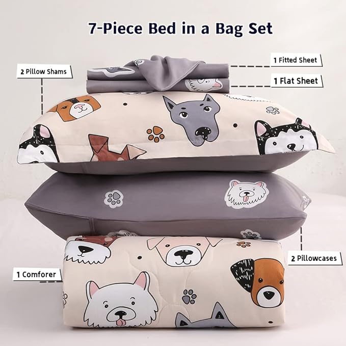 7 Piece Kids Dog Comforter Set Queen Size - Bed in A Bag Bedding Set for Teen Boys Girls - Cute Animal Quilt Super Soft All Season - Creamy White