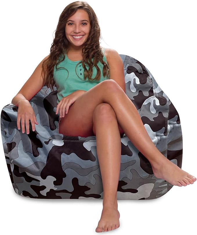 Posh Creations Structured Comfy Bean Bag Chair for Gaming, Reading and Watching TV, Malibu Lounge, Nylon - Camo Gray and White