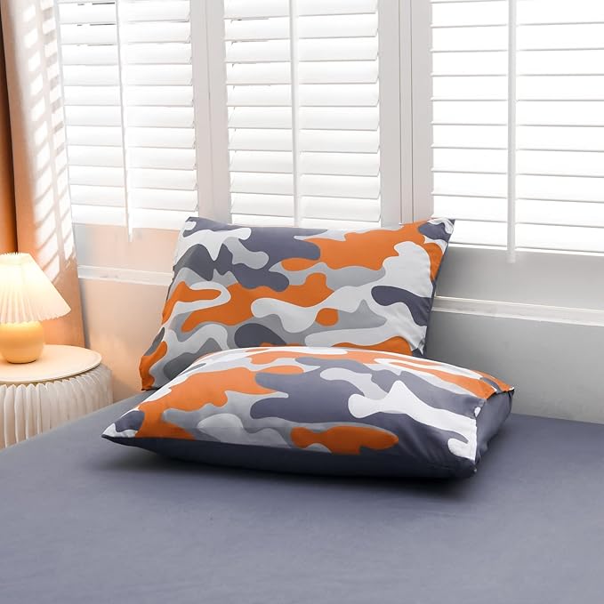 Meeting Story Camouflage Bedding Set, Colorful Pattern Style Comforter Set, 5 PCS One Comforter Two Pillowcases Two Sheets in One Bag, All Season Bedspread for Teens Adults (Orange, Full 5Pcs)