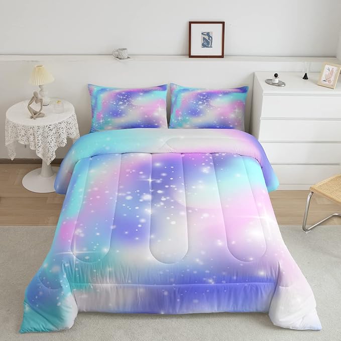 Erosebridal Ombre Comforter Rainbow Comforter Set Queen Tie Dye Galaxy Duvet Set Nebula Bedding Starry Sky Quilt Set Pastel Stars Glitter Bedding Set Purple Blue Bedroom Decorative Down Comforter