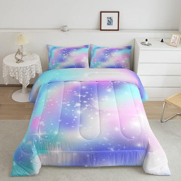 Erosebridal Ombre Comforter Rainbow Comforter Set Full Tie Dye Galaxy Duvet Set Nebula Bedding Starry Sky Quilt Set Pastel Stars Glitter Bedding Set Purple Blue Bedroom Decorative Down Comforter
