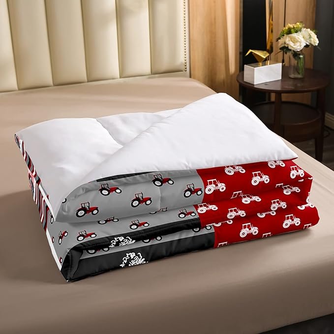 Erosebridal Red Tractor Bedding Set for Boys Twin,Construction Tractor Comforter Set Kids Teens Equipment Trucks Down Comforter Black White Construction Vehicle Quilt Set Bedroom Decor