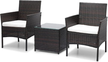 MoNiBloom 3 Pieces Patio Furniture Set, Outdoor Conversation PE Rattan Furniture Front Porch Set with Washable Cushion and Tempered Glass Tabletop for Garden Poolside Balcony, Capacity 250 lbs, Brown