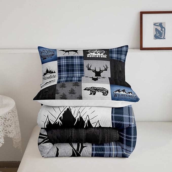Deer Antler Bear Kids Comforter Set Full Size,Hunting Adventure Bedding Set for Boys Girls Adults Room Decor,Geometric Plaids Patchwork Down Comforter,Rustic Farmhouse Duvet Insert,2 Pillowcases