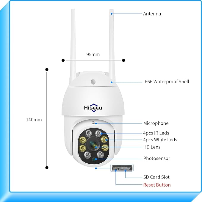 Hiseeu 3MP 360° Pan Tilt Camera WiFi Security Camera Outdoor Motion Tracking Floodlights Light Alarm,Color Night Vision,PC Mobile Remote View,Two-Way Audio Security