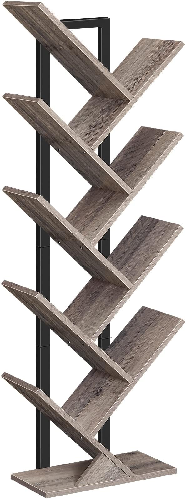 HOOBRO Tree Bookshelf, 9-Tier Bookcase Wooden Shelves, Floor Standing Storage Rack, for Display of CDs, Books in Living Room, Home Office, Wood Storage Rack for Bedroom, Greige BG08SJ01G1