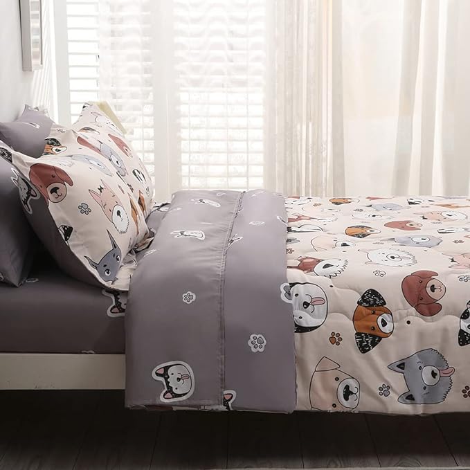7 Piece Kids Dog Comforter Full Size Cute Animal Dog Bedding Set Bed in A Bag for Boys Girls All Season (1 Comforter, 1 Flat Sheet, 1 Fitted Sheet, 2 Pillowcase and 2 Pillow Sham)