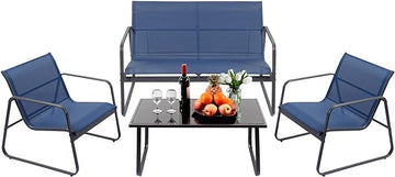 4 Pieces Patio Furniture Set Outdoor Patio Conversation Sets Poolside Lawn Chairs with Glass Coffee Table Porch Furniture for Courtyard, Garden and Balcony (Blue)