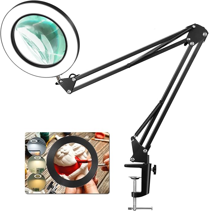 8X Magnifying Glass with Light, 5 Inches Real Glass Lens LED Desk Lamp with Clamp, 3 Color Modes Stepless Dimmable Lighted Magnifier with Light and Stand for Reading Crafts Repair Close Works - Black