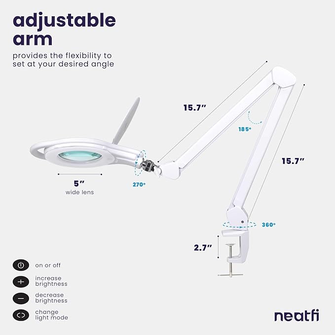 Neatfi Elite LED Magnifying Lamp with Clamp, 8 Diopter, 3000K-6500K Color Temperature, 96 pcs SMD LED, Nonpolar Dimming, Eye-Friendly, Glare-Free, Adjustable Arm Magnifier (5 Inch Lens, White)