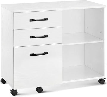 VASAGLE Lateral File Cabinet, Home Office Printer Stand, with 3 Drawers and Open Storage Shelves, for A4, Letter-Size Documents, White, 15.7”D x 31.5”W x 26”H
