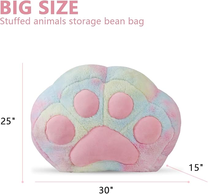 Stuffed Animal Storage Bean Bag Chair Cover for Kids Tie Dye Cat's Paw Bean Bag Cushion for Girls Large Size Toy Organizer Cover Only Without Filling