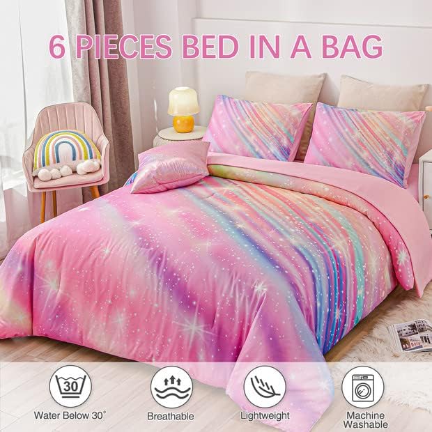 Btargot Super Soft 6 Pieces Gradient Star Ring Comforter Set, Colorful Glitter Rainbow Star Pattern Bedding Set for Boys Girls Teens,Queen Pink
