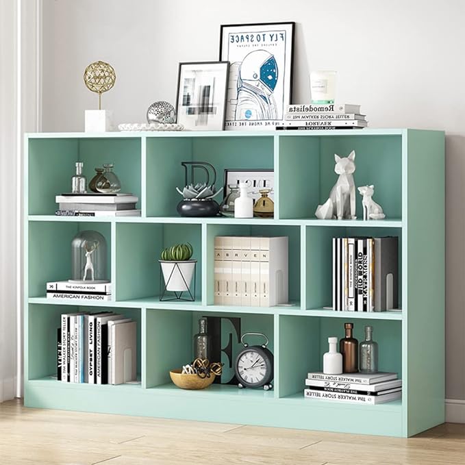 IOTXY Open Shelf Low Bookcase - Wooden 3-Tier Floor Standing Display Cabinet Organizer with Base, 10 Cubes Short Horizontal Bookshelf in Tiffany-Green