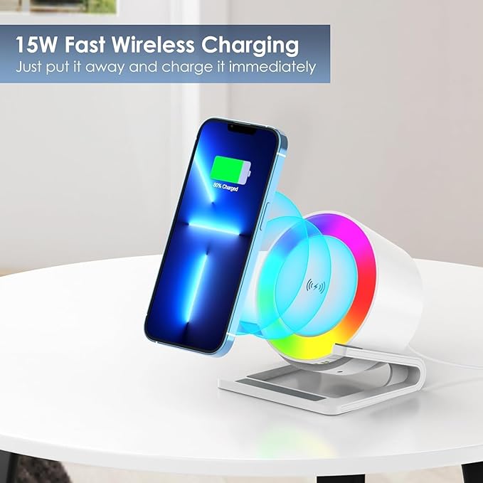 15 W Wireless Charger with Bluetooth Speaker and Night Light Induction Wireless Chargers with 5 RGB Light Modes Touch Dimmable Bedside Lamp Gifts for Women and Men