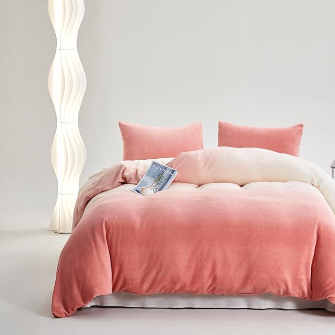 Wellboo Pink White Gradient Comforter Sets Full White and Pink Fluffy Bedding Comforters Modern Bean Pink Gradient Flannel Quilts Farmhouse Abstract Art Watercolor Comforters Sherpa Fuzzy Plush Bed