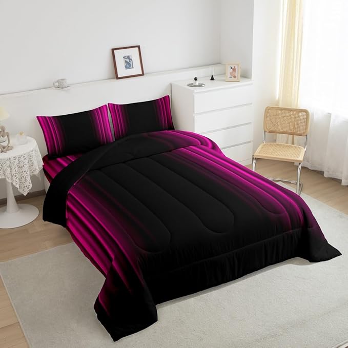 Geometric Abstract Ombre Bedding Bed Set Men Adults Teens Rose Red and Black Striped Comforter Set Kids Boys Girls Simple Modern Comforter Inner Fill Bedroom Collection 3Pcs Full Size