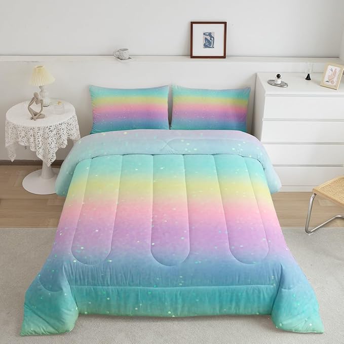 Erosebridal Rainbow Bedding Comforter Sets Full Size Tie Dye Galaxy Comforter Set for Boys Girls Kids Bedroom, Glitter Starry Bedding Pastel Ombre Sparkle Quilt with 2 Pillowcases, Pink Blue Yellow