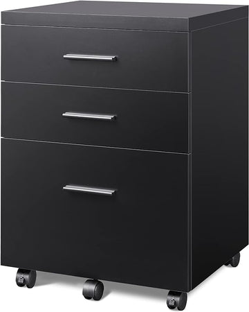 DEVAISE 3 Drawer File Cabinet for Home Office, Wood Under Desk Filing Cabinet, Rolling Printer Stand with Wheels, Black