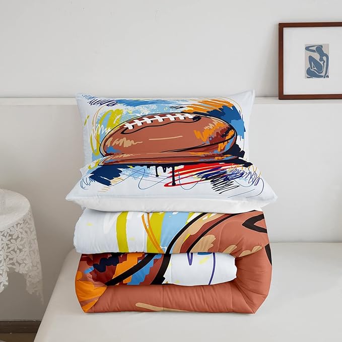 Boys Football Comforter Set Full Kids Teen Sports Bedding Set Bedroom Decor,Watercolor Tie Dye Hand Drawn Graffiti Football Bedding Comforter Sets Rugby Quilt Duvet 2 Pillow Cases Colorful Brown