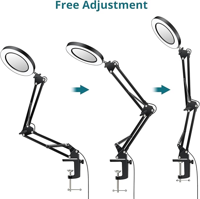 8X Lighted Magnifying Glass Lamp, Adjustable Magnifying Glass with Light Clamp Swivel Arm LED 3 Color Modes,10 Brightness Levels, Hands Free Magnifier for Hobby Close Work, Repair, Reading