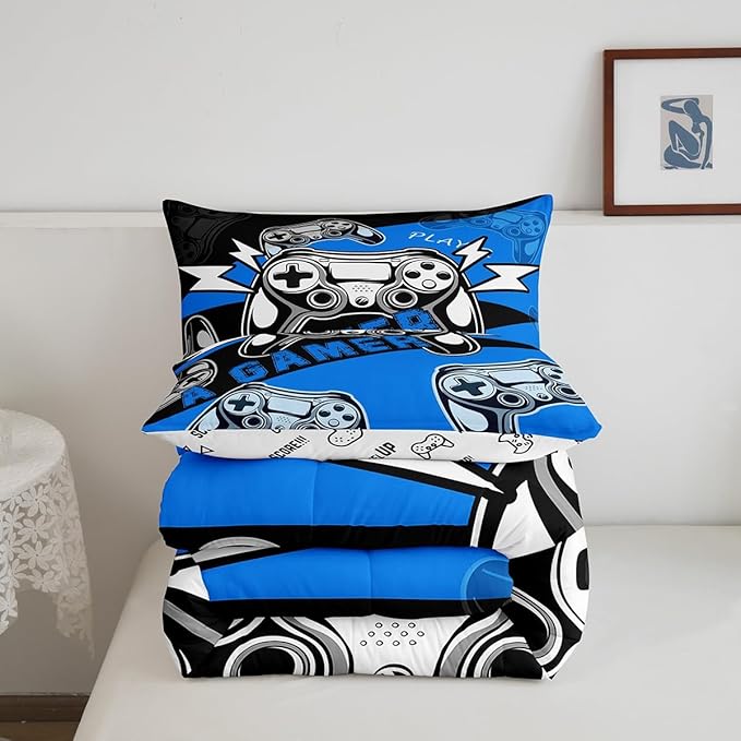 Erosebridal Twin Comforter Set for Boys Girls Kids,Gamer Comforter Sets for Boys Teens Video Game Bedding Set,Gaming Console Comforter Bedroom Decor Blue Black 2Pcs