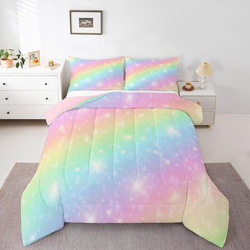 Erosebridal Rainbow Bedding Set for Kids Girls Teens Women Tie Dye Pastel Comforter Set Twin Size Golden Stars Glitter Bedding Comforter Set Watercolor Art Girly Quilt Set Sweet Bedroom Decor 2 Piece