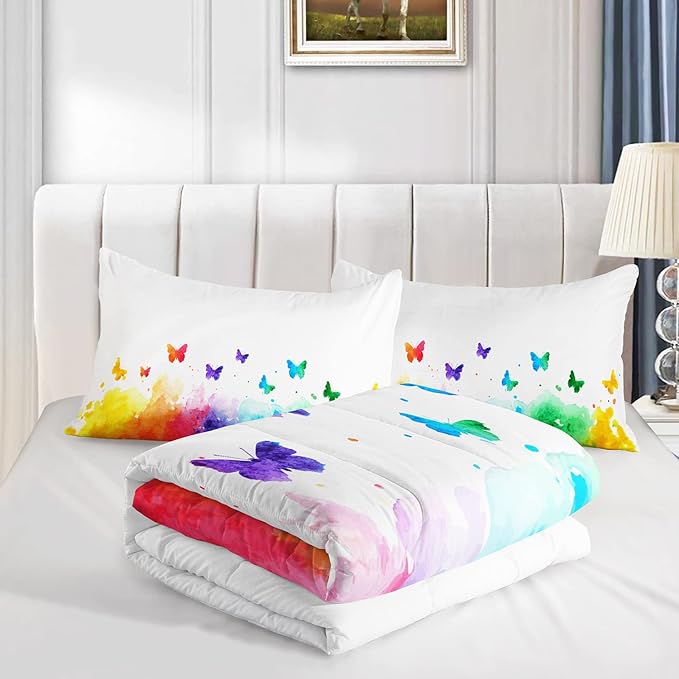 CVHOUSE Butterfly Bedding Set,Butterfly Comforter Full,Butterfly Comforter Set for Girls Kids Teens,Butterflies Quilt Set with 1 Comforter and 2 Pillow Cases- 3 Piece