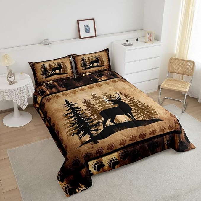 Feelyou Cute Deer Comforter Set for Girls Boys Kids Deer Hunting Bedding Set Room Decorative Bear Paw Print Tree Pattern Bedding Set Exotic Style Brown Duvet Set Twin Size 2Pcs Quilt Set