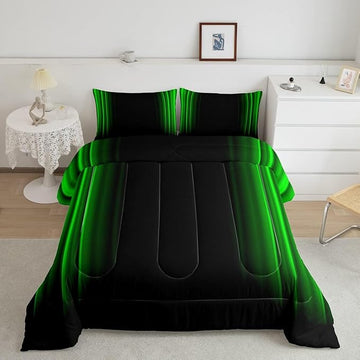 Feelyou Geometric Abstract Ombre Bedding Bed Set Men Adults Teens Green and Black Striped Comforter Set Kids Boys Girls Simple Modern Comforter Inner Fill Bedroom Collection 3Pcs King Size