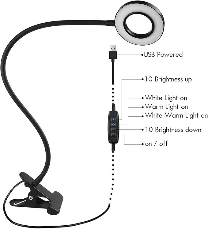 Clip on Desk Lamp, 48 LED Eye Caring Reading Light with 3 Color Modes 10 Brightness, Dimmer 360°Flexible Gooseneck USB Clamp for Reading, Working, Studying, Makeup, Nail Art (Black)