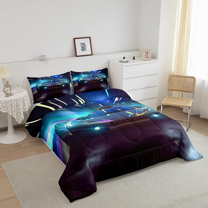 Erosebridal Racing Car Comforter Set Twin Size Racing Game Duvet Set Speed Car Quilt Set Extreme Sports Bedding Set for Kids Boys Teens Young Man Adult Gifts Kids Car Theme Room Decorative