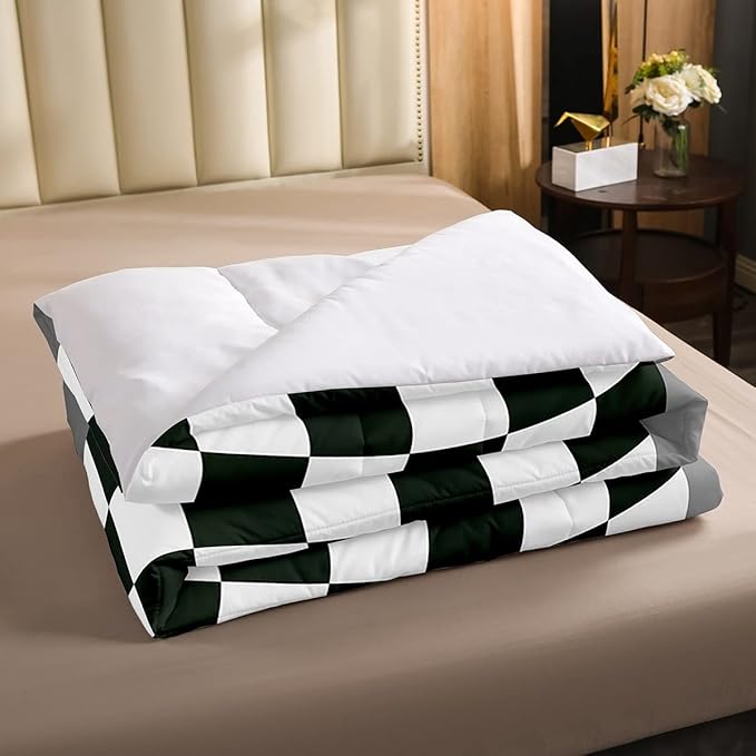 Racing Car Comforter Set, Cool Speed Race Car Down Comforter Full for Kids Boys Girls Teens Bedroom, Automobile Extreme Sport Bedding Set Plaid Checkered Duvet Sets with 2 Pillowcases, Grey Green