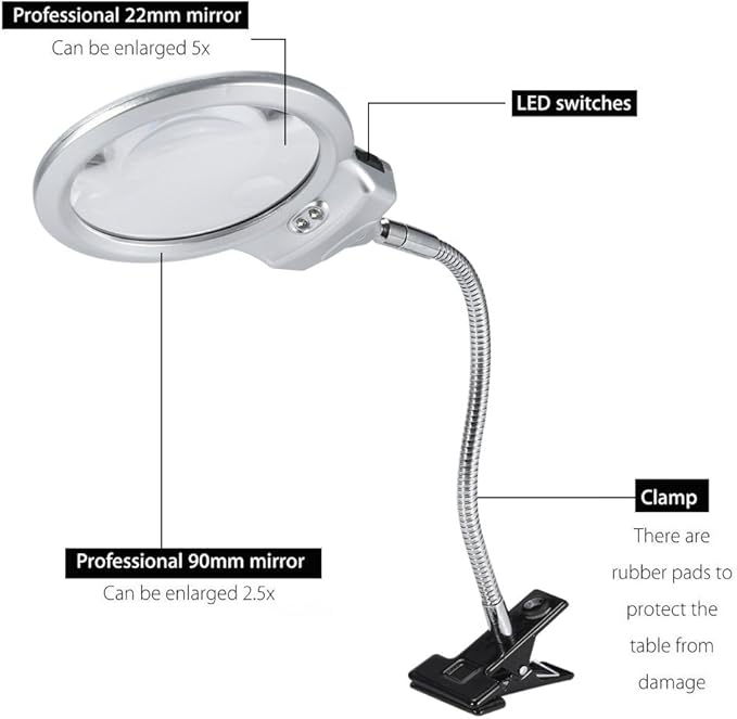 LED magnifying lamp, table magnifying glass, magnifying glass lighting lens with flexible gooseneck, for bed lamp, tattoo, manicure, makeup, eyelashes, suitable for crafts,
