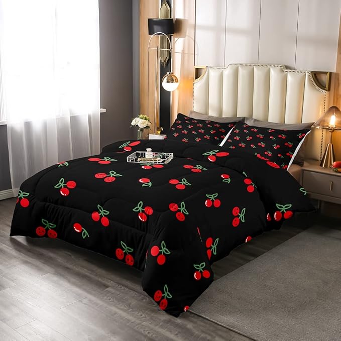 Red Cherry Comforter Set for Kids, Fruit Kawaii Bedding Set Queen, Cartoon Cute Cherry Duvet Sets for Boys Girls Women Bedroom Decor, Reversible Luxury Soft Down Comforter with 2 Pillow Cases, Black
