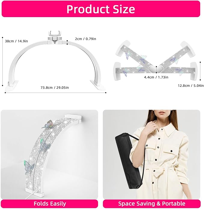 Half Moon Light for Nail Desk, Foldable 29" Nail Light for Desk, 180° Ultra-bright Nail Tech Desk Lamp, Portable Half Moon Lamp with Phone Holder & Organizer Bag - Sliver Diamond